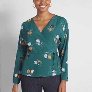 ModCloth Tastefully Tied Wrap Top - Teal Floral - Size XL